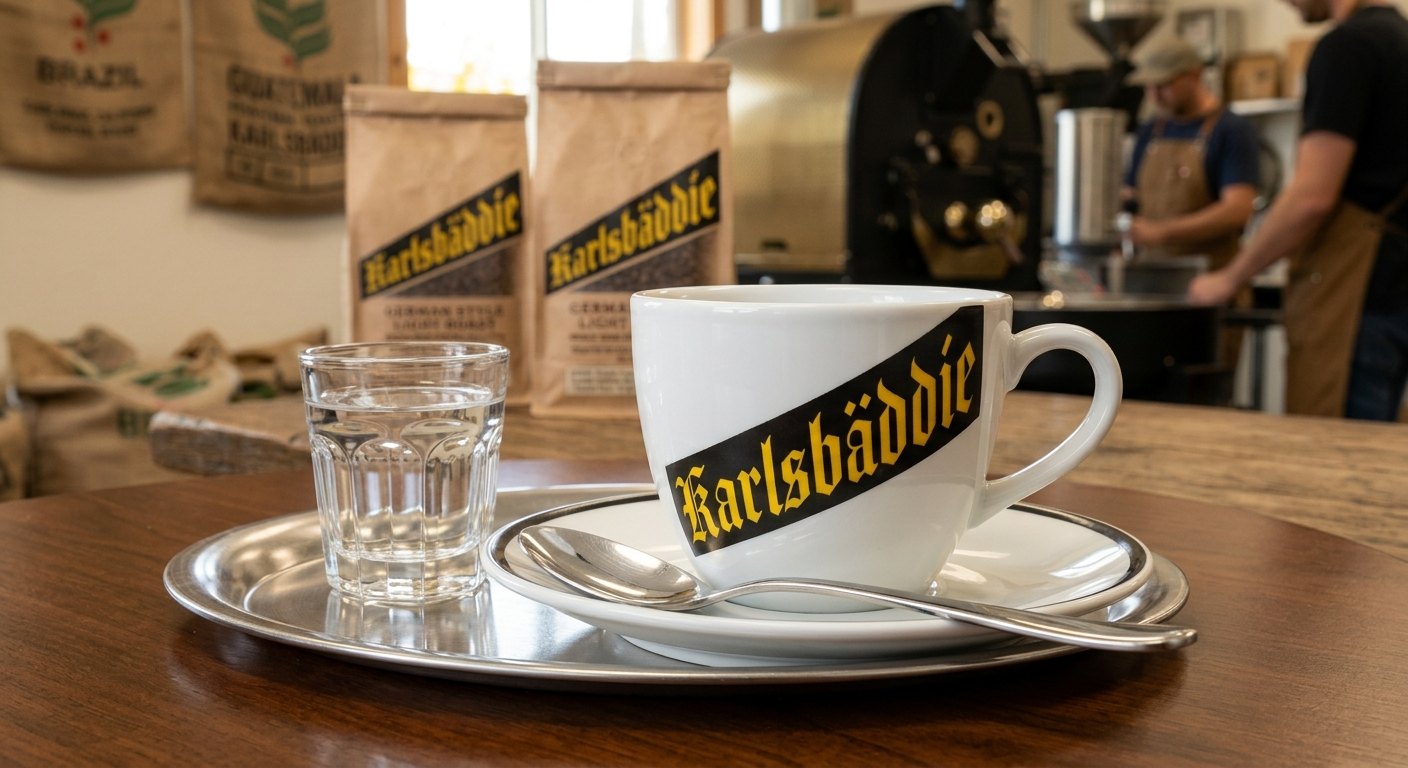 A white porcelain cup with the Karlsbäddie logo on a steel tray with a glass of water and a spoon; kraft coffee bags and a roaster behind.