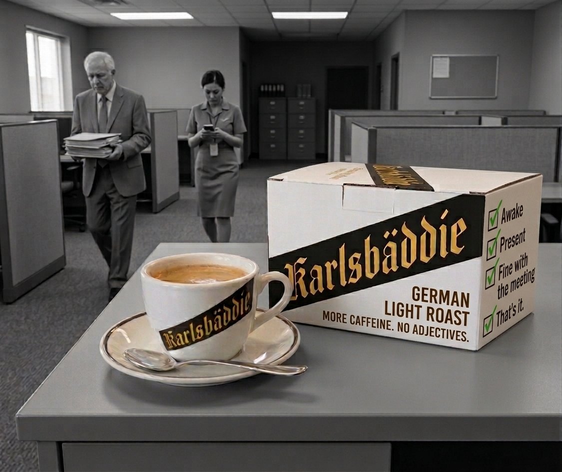 A grey office in black and white: cubicles, filing cabinets, a man carrying binders. On the desk, in full color, a Karlsbäddie cup and box.