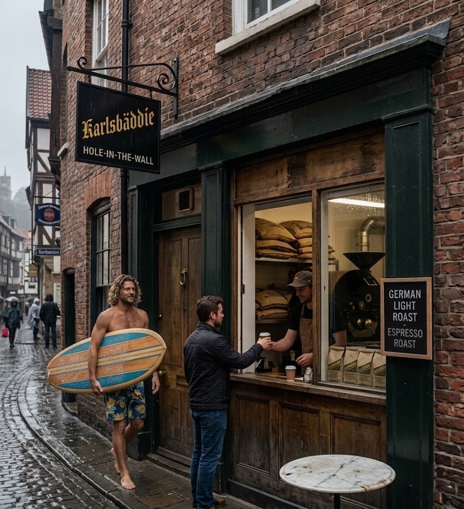 A black hanging sign lettered Karlsbäddie in yellow, over a walk-up coffee window on a rainy cobbled street; a barefoot surfer carries his board past.